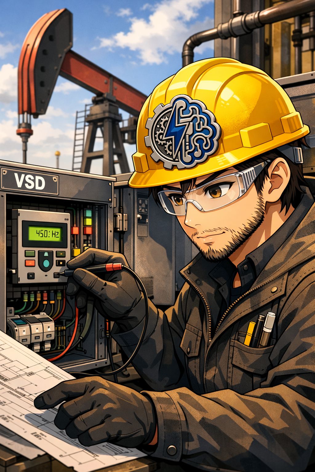Engineer working with artificial lift automation panel in the field