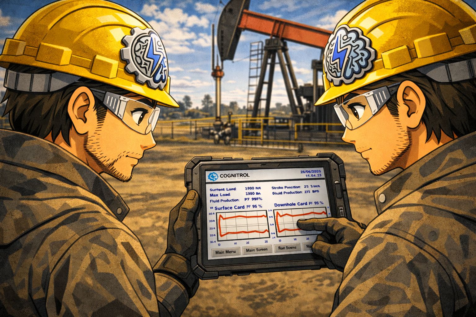 Engineers reviewing rod lift performance data in the field